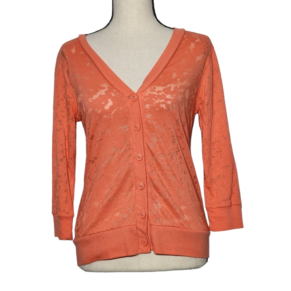 Mix & Co. Orange Sheer 3/4-Sleeve Button Front Cardigan Sweater, Size Small